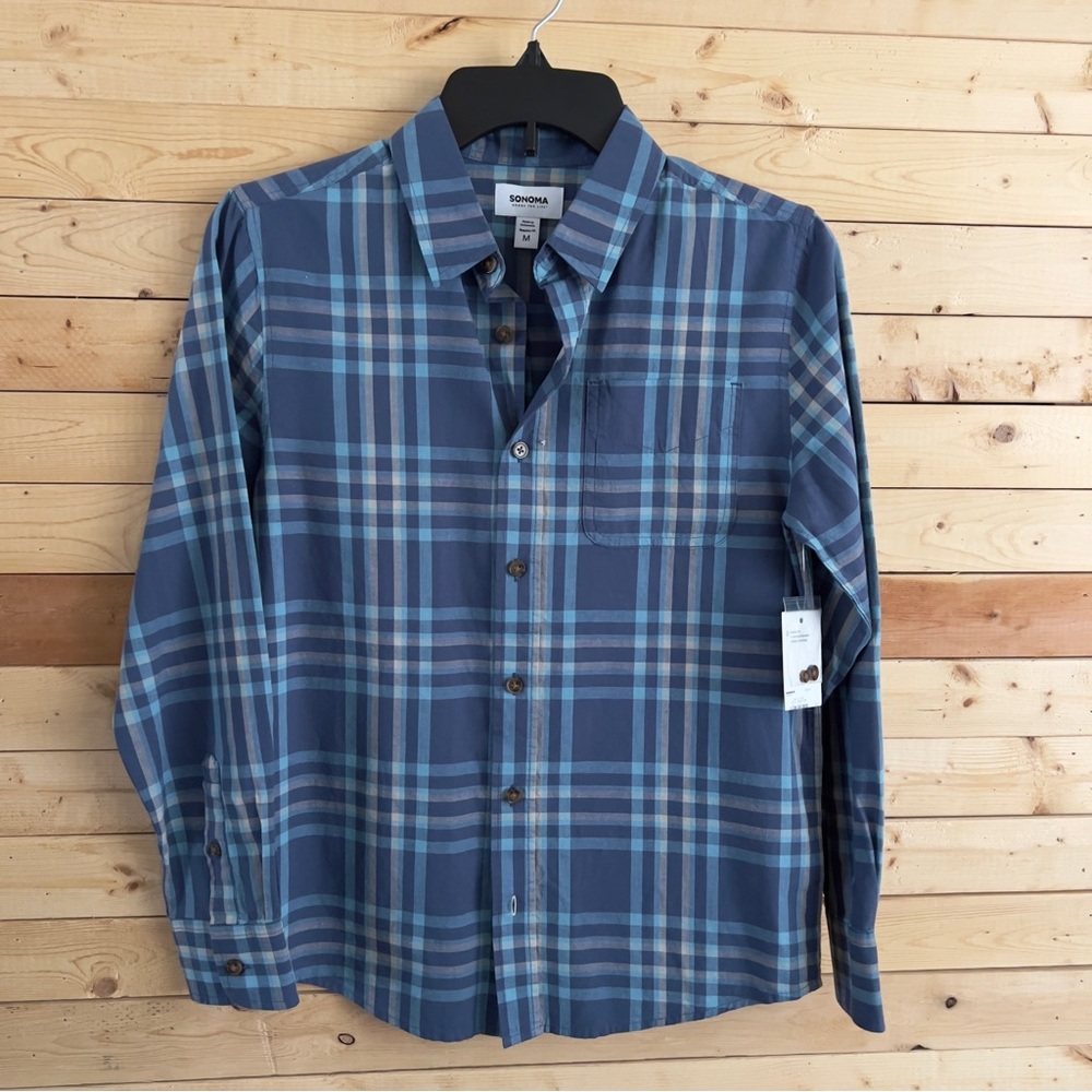 SONOMA NWT Boys Blue Gray Plaid Button Down Long Sleeve Shirt Top kids size M